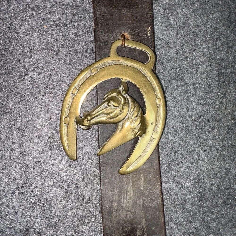 Vintage Western Leather Wall Hanging Brass Horse Medallions Equestrian Decor